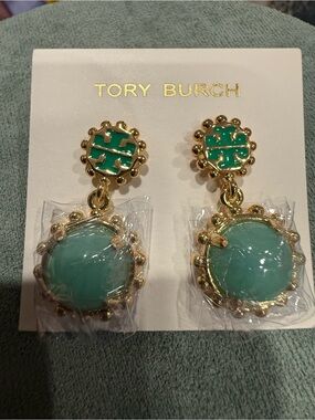 Tory Burch | Gold-Plated and Green Drop Logo Earrings